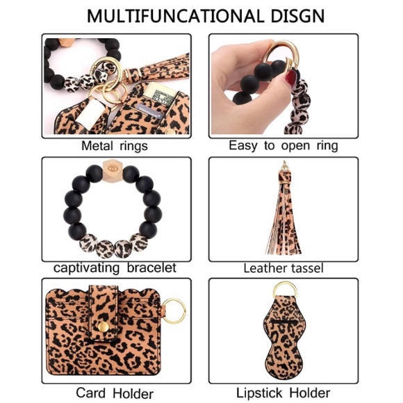 Wristlet Keychain Bracelet Wallet, Silicone Beads Bangle Lipstick Holder Leopard - Picture 4 of 5